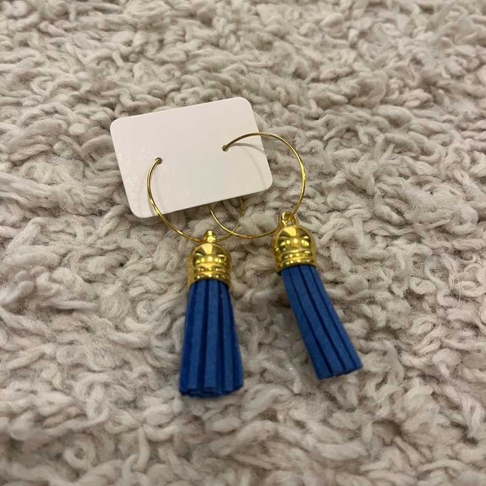 Gold and Blue Tassel Hoop Earrings